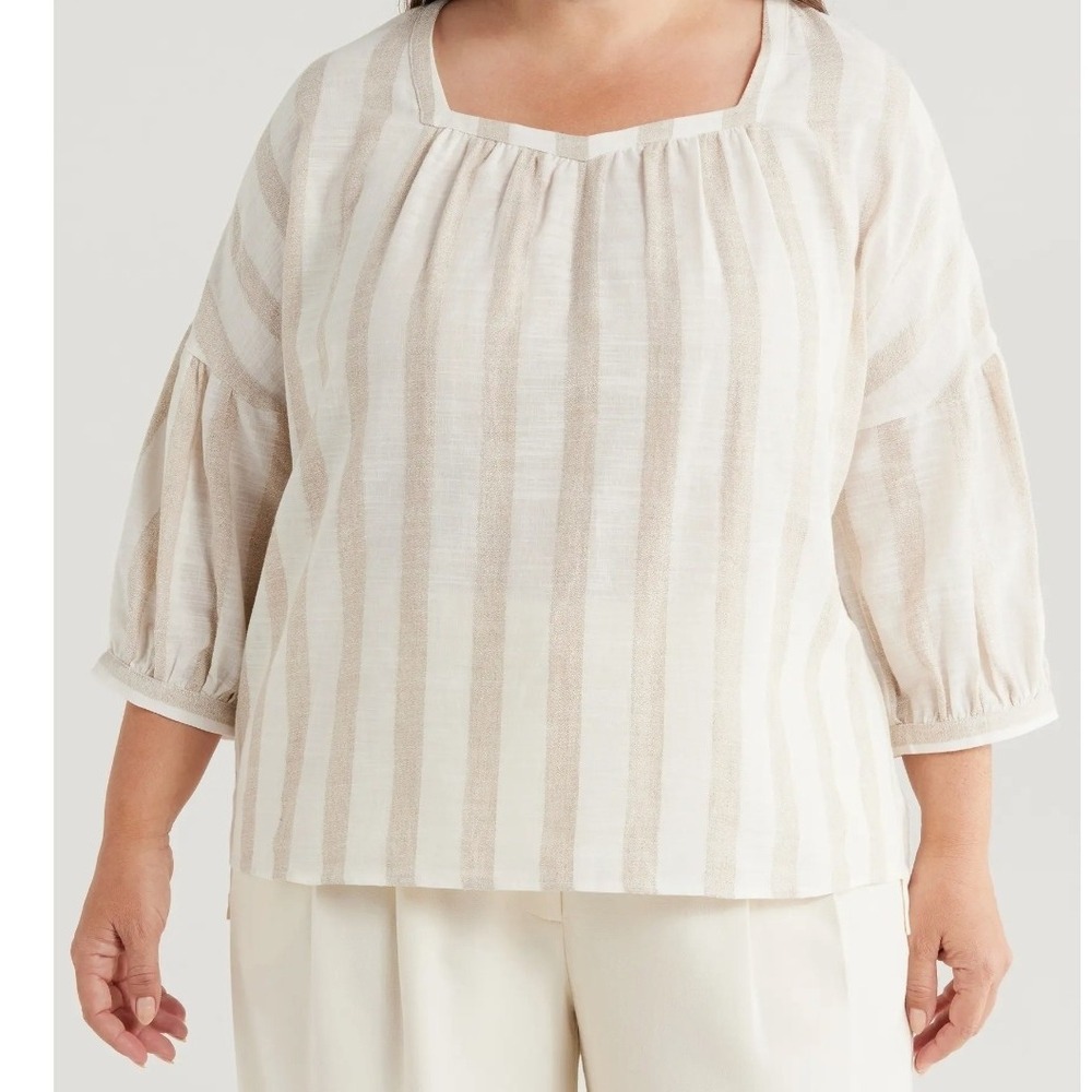 Harshman Anthropologie Beige Minka Striped Linen Blouse Coastal Size‎ 3X Seaside